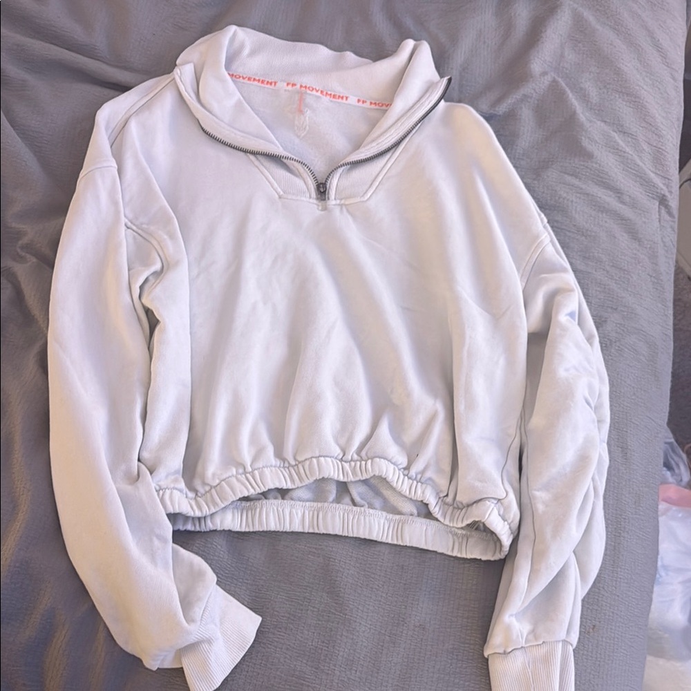 Free People Cream Polo Collar Cropped Hoodie